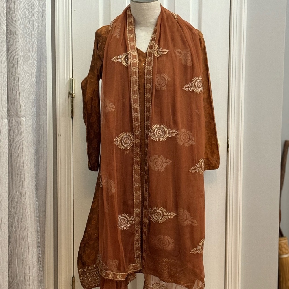 Pakistani Indian ethnic rust brown dress with‎ matching scarf saree.